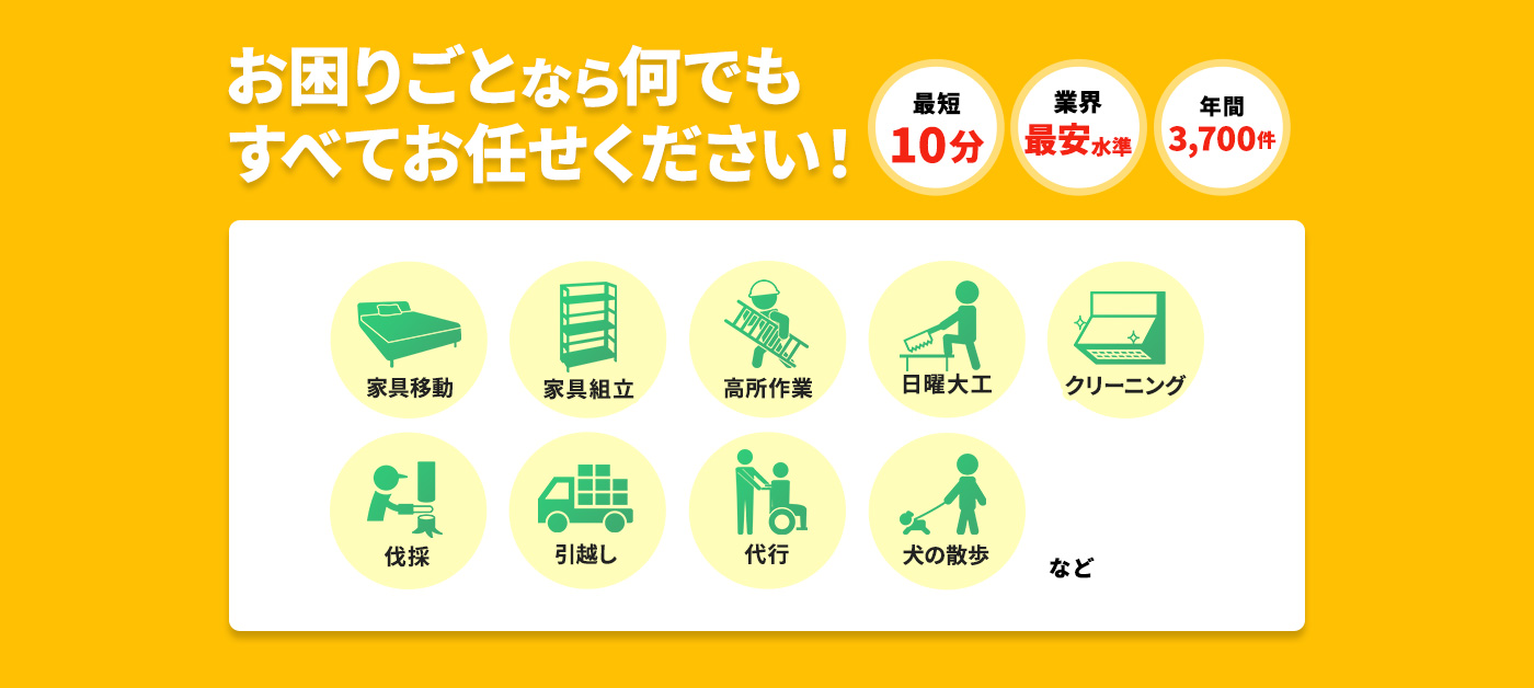 お困りごとなら何でもすべてお任せください!最短10分,業界最安水準,年間3,700件,家具移動,家具組立,高所作業,日曜大工,クリーニング,伐採,引越し,代行,犬の散歩など