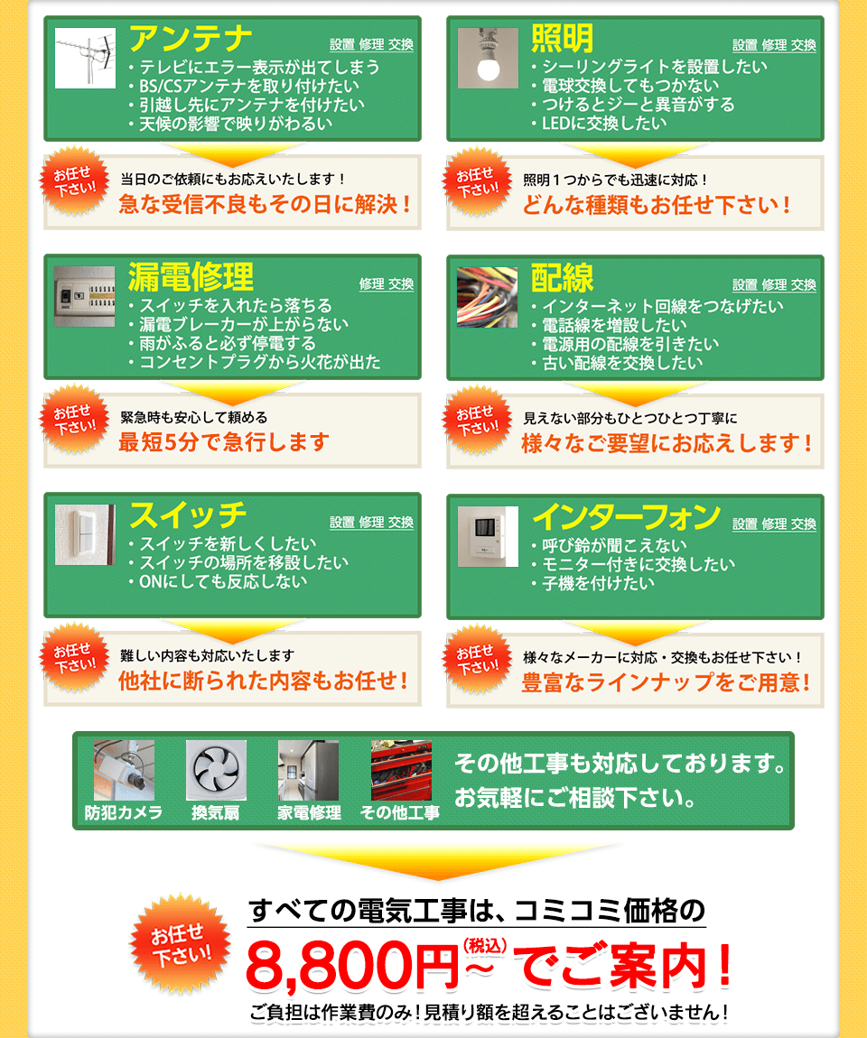 アンテナ,照明,漏電修理,配線,スイッチ,インターフォン,防犯カメラ,換気扇,家電修理,その他工事も対応しております。お気軽にご相談ください。すべての電気工事は、コミコミ価格の8,800円(税込)でご案内!
