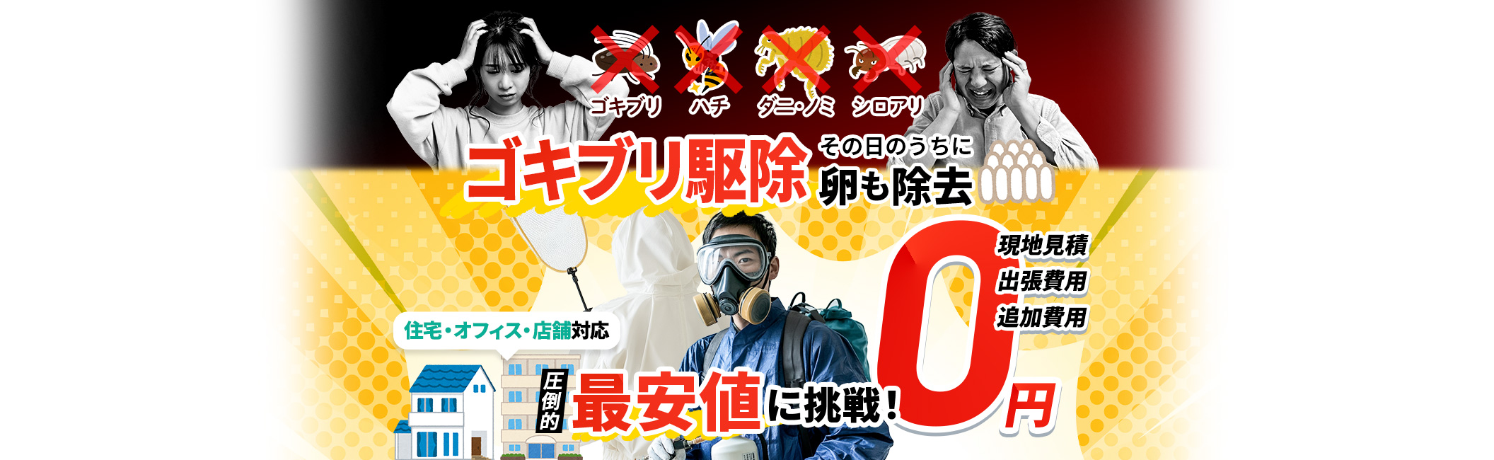 ゴキブリ駆除 その日のうちに卵も除去,現地見積・出張費用・追加費用0円,住宅・オフィス・店舗対応,圧倒的最安値に挑戦!