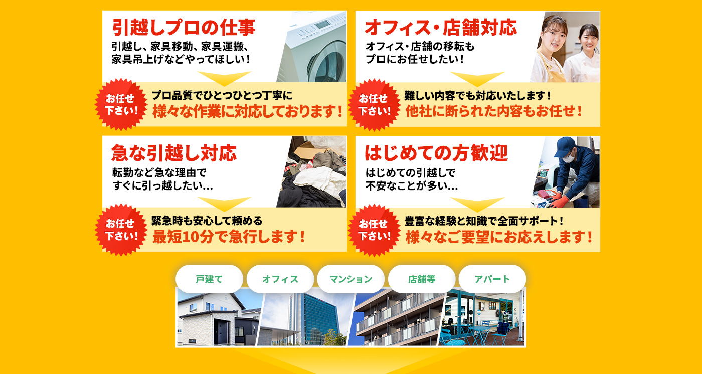 引越しプロの仕事,オフィス・店舗対応,急な引越し対応,はじめての方歓迎