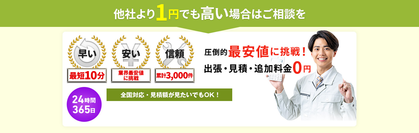 他社より1円でも高い場合はご相談を 圧倒的最安値に挑戦！出張・見積もり・追加料金0円 24時間365日 全国対応・見積額が見たいでもOK!