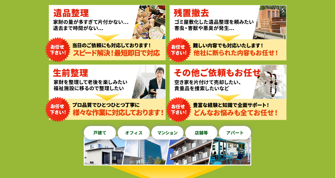 遺品整理,残置撤去,生前整理,その他ご依頼もお任せ