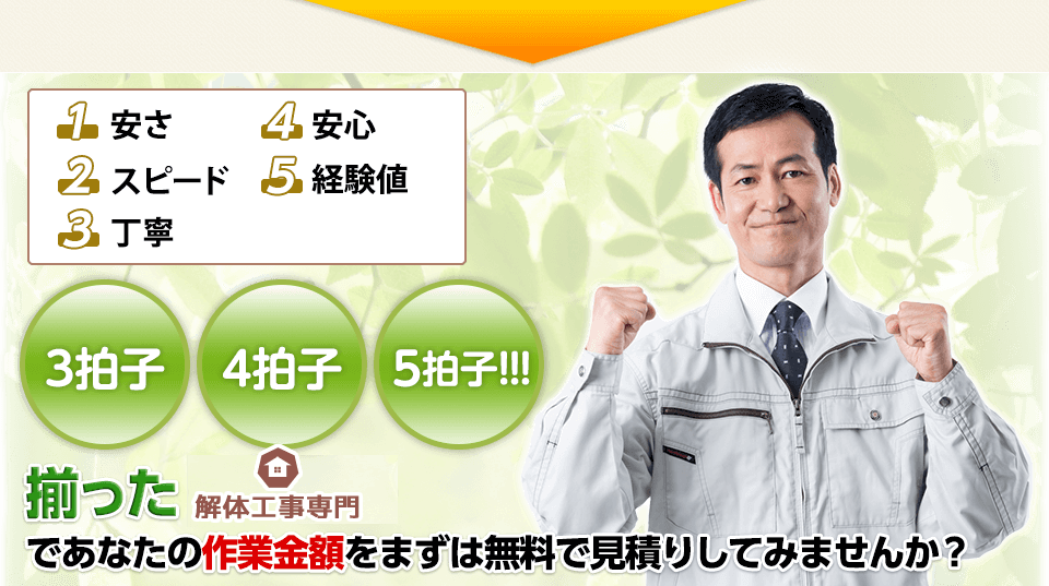 3拍子・4拍子・5拍子揃った 解体工事専門であなたの作業金額をまずは無料で見積りしてみませんか？