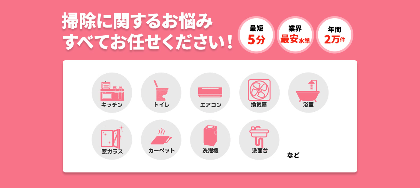 掃除に関するお悩みすべてお任せください!,最短5分,業界最安水準,年間2万件,キッチン,トイレ,エアコン,換気扇,浴室,窓ガラス,カーペット,洗濯機,洗面台 など