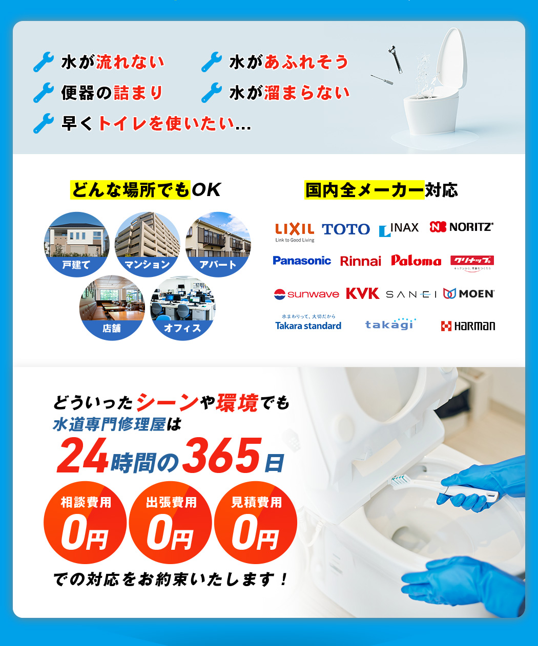水が流れない,水があふれそう,便器の詰まり,水が溜まらない,早くトイレを使いたい…,どんな場所でもOK,戸建て,マンション,アパート,店舗,オフィス,国内メーカー対応,どういったシーンや環境でも水道専門修理屋は24時間365日 相談費用0円・出張費用0円・見積費用0円 での対応をお約束いたします！